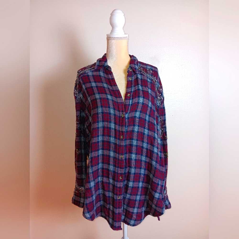 Free People Romance Embellished Plaid Shirt